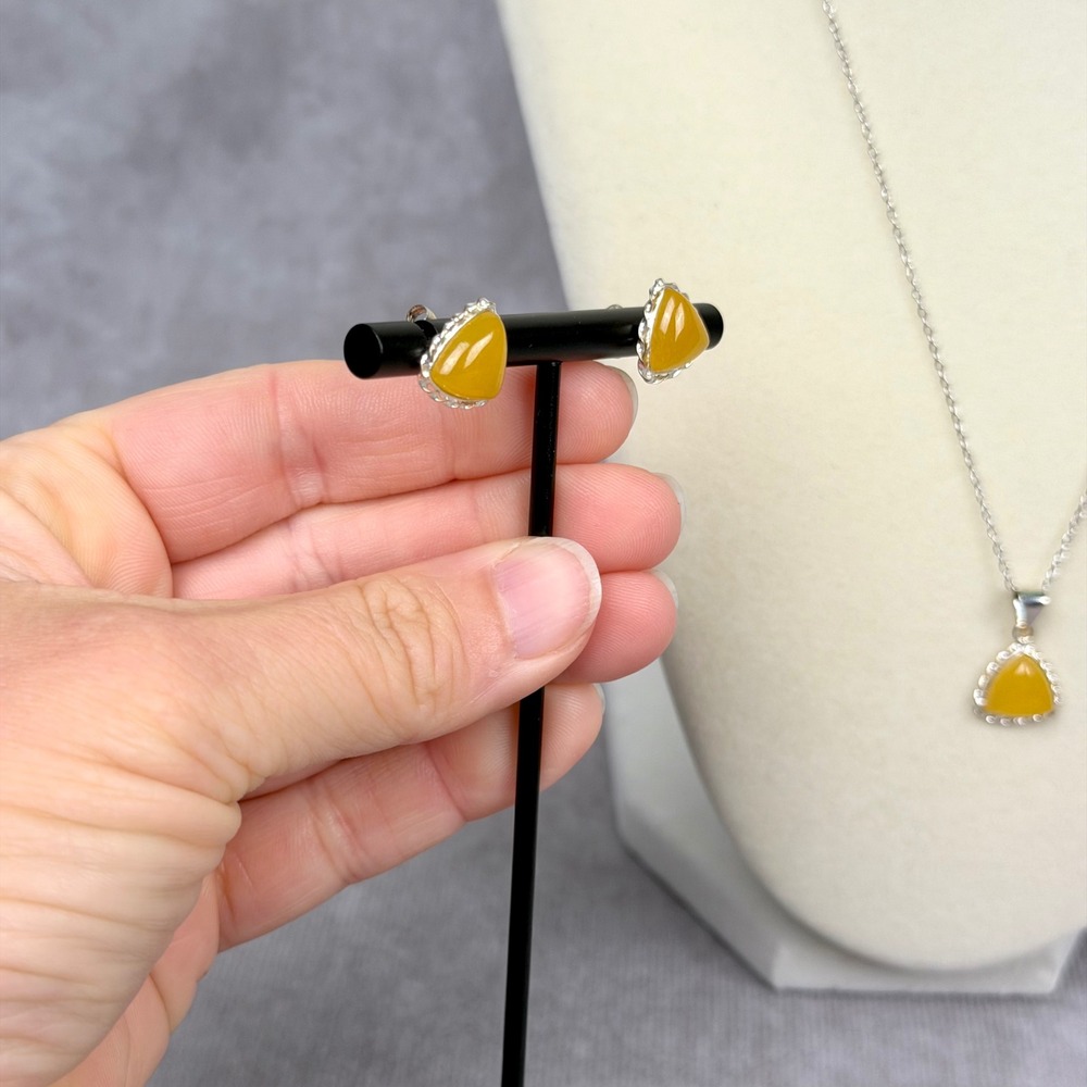 Yellow Jade Triangle Pendant Necklace and Stud Earrings Set Sterling Silver 18" - Picture 4 of 11